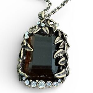 Ann Taylor Amber Brown Pendant Necklace Gold Bronze Crystals Antiqued 32 inch